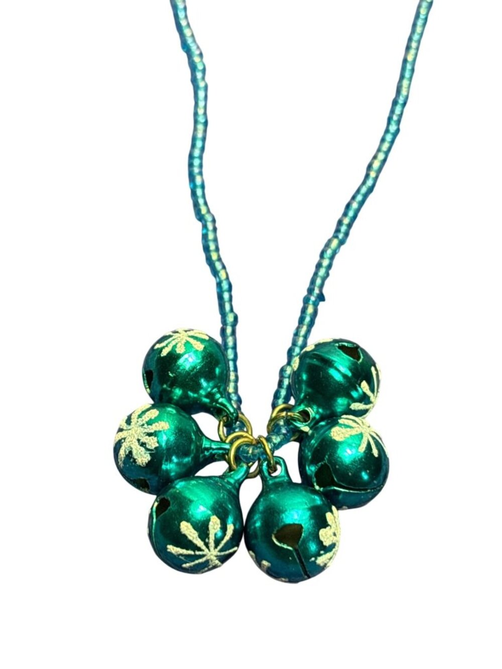 Blue White Glitter Snowflake Jingle Bells Seed Bead Necklace Lobster Clasp